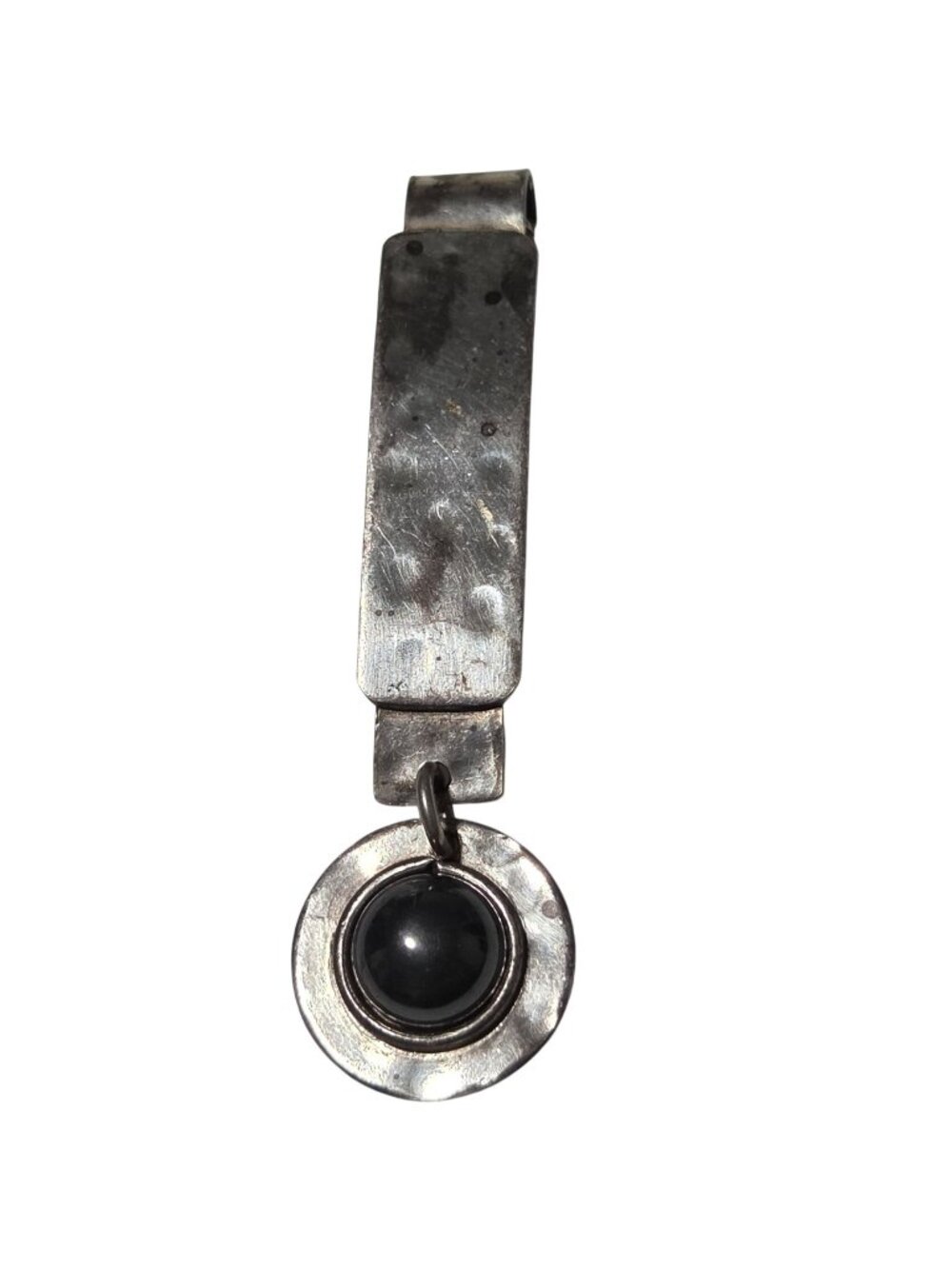 Vintage Hammered Silver Tone Tie Clip Black Stone Accent Mid Century Modern Men